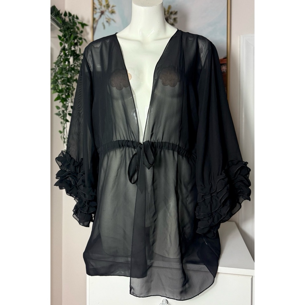 Yu & Me Paris Black Sheer Cover Up Chiffon Ruffle Sleeve Drawstring One Size